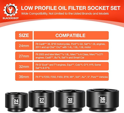 BLACKROBOT 8 Pieces 3/8” Drive Low Profile Oil Filter Socket Set, Metric Size 24mm 27mm 28mm 29mm 30mm 32mm 36mm 38mm, Chrome Vanadium Steel, 6 Point, Oil Filter Cap Remover and Installer Tool Set