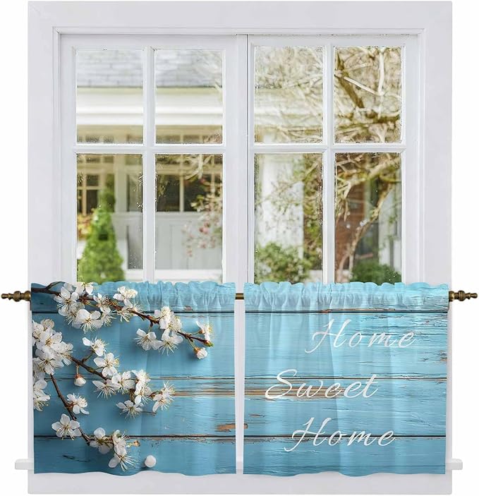 Farmhouse Wooden Grain Tier Curtains, Vintage Shabby Chic Flower Blue Light Filtering Kitchen Curtains, 2Pcs Rod Pocket Half Window Treatments Panels for Sink Cafe Cabinet Camper 27.5x24 Inches