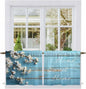 Farmhouse Wooden Grain Tier Curtains, Vintage Shabby Chic Flower Blue Light Filtering Kitchen Curtains, 2Pcs Rod Pocket Half Window Treatments Panels for Sink Cafe Cabinet Camper 27.5x24 Inches
