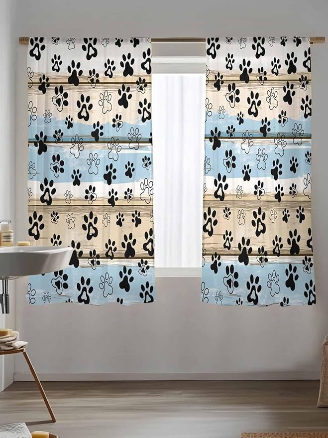 Sheer Curtains 72 Inches Long, Blue Dog Paw Print Semi Sheer Curtains Light Filtering Window Treatment, Vintage Farmhouse Rustic Wooden Grain Privacy Voile Drapes for Living Room Bedroom 52x72 Inch