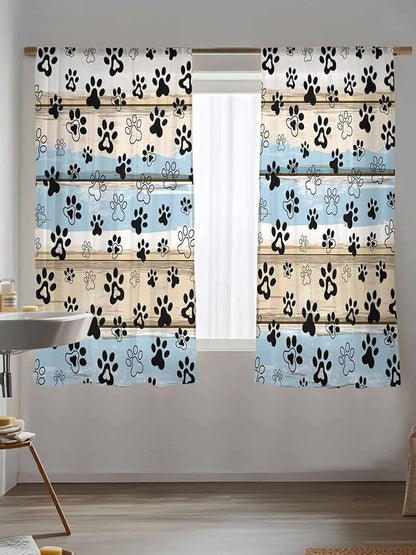 Sheer Curtains 63 Inch Length, Blue Dog Paw Print Semi Sheer Curtains Light Filtering Window Treatment, Vintage Farmhouse Rustic Wooden Grain Privacy Voile Drapes for Living Room Bedroom 52x63 Inch