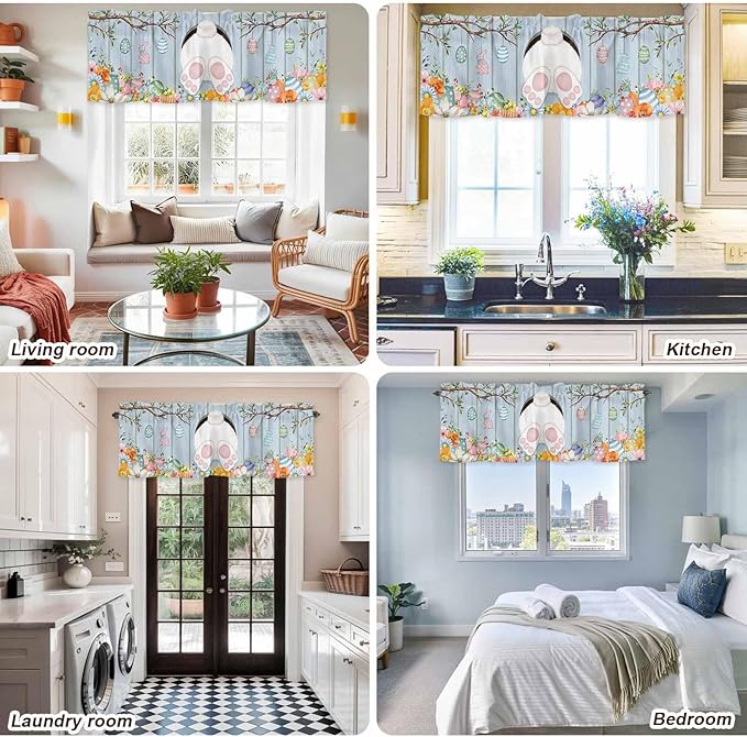Easter Curtain Valances for Windows, Kitchen Valance Window Treatment, Spring Watercolor Bunny Eggs Flower Wood Grain Blue Light Filtering Block Curtains for Bathroom/Bedroom/Living Room 42'' x 18''