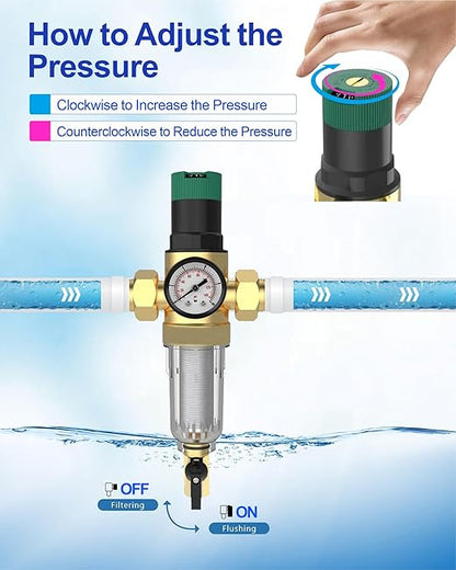 Spin Down Sediment Filter with Water Pressure Regulator, 2 in 1 Whole House Prefilter System with Gauge,50 Micron, 1.25" MNPT + 1" FNPT + 1" MNPT, Heavy Duty Brass