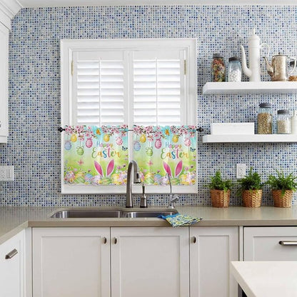 Easter Half Window Curtain 36 Inches Long, Spring Bunny Colorful Rabbit Eggs Butterfly Blue Green Window Treatment Curtain Drapes, Small Tier Curtains for Bathroom Over Sink, 27.5"x36", 2 Panels