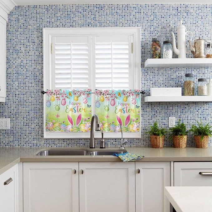 Easter Half Window Curtains 24 Inches Long, Spring Bunny Colorful Rabbit Eggs Butterfly Blue Green Window Treatment Curtain Drapes, Short Curtains Tiers for Kitchen Over Sink, 27.5"x24", 2 Panels