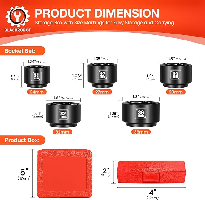 BLACKROBOT 5 Pieces 3/8” Drive Low Profile Oil Filter Socket Set, Metric Size 24mm, 27mm, 29mm, 32mm, 36mm, Chrome Vanadium Steel, 6 Point Design, Oil Filter Cap Remover and Installer Tool Set