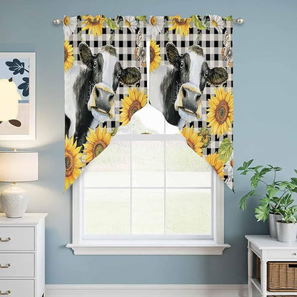 Retro Sunflowers Swag Valances for Windows, Farmhouse Floral Cow Butterfly Black Plaid Rod Pocket Kitchen Curtains Valance, Kitchen Window Curtains Swag for Cafe Living Room, 2 Panels, 36x45 inch