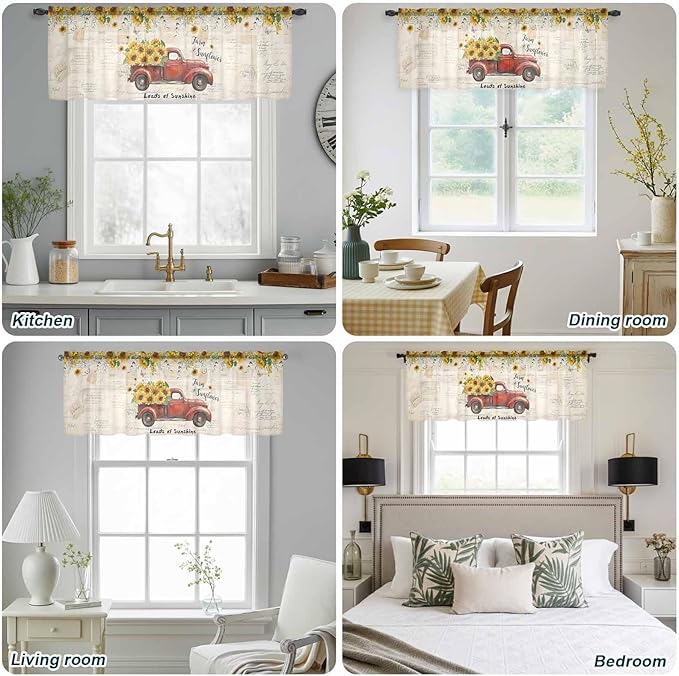 Farmhouses Sunflowers Sheer Valance Curtains, Retro Floral Leaves Red Truck Vintage Light Filtering Kitchen Valances Rod Pocket Voile Curtain Window Treatment for Bedroom/Living Room/Basement 54Wx18L