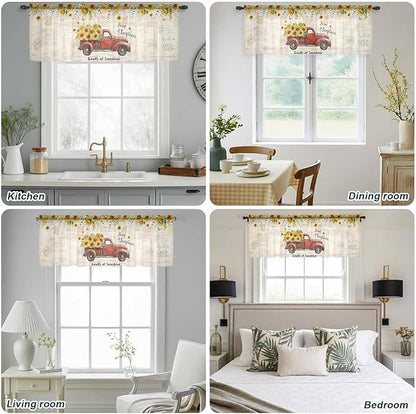 Farmhouses Sunflowers Sheer Valance Curtains, Retro Floral Leaves Red Truck Vintage Light Filtering Kitchen Valances Rod Pocket Voile Curtain Window Treatment for Bedroom/Living Room/Basement 54Wx18L