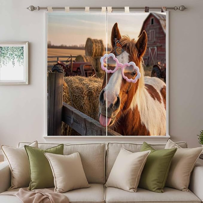 Farm Horses Bathroom Curtains 63 Inch Length, Window Curtains Tab Top, Farmhouse Barn Funny Animals Butterfly Light Filtering Window Treatments Drapes 52"x63" 2 Panel