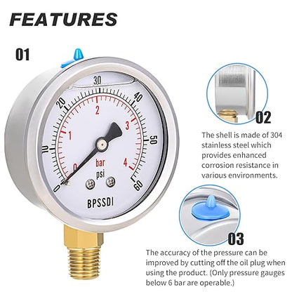 0-60 Psi Glycerin Liquid Filled Low Pressure Gauge, 2.5" Dial Size, 1/4" NPT Lower Mount, 304 Stainless Steel Case, for Water Oil Air Pressure Test, Refrigeration Systems(Such as Evaporators)