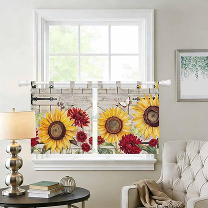 Red Yellow Sunflowers Kitchen Curtains 24 Inch Length, Small Window Curtains Tab Top, Retro Rustic Barn Doors Butterfly Brown Light Filtering Short Window Treatments Tier Drapes 27.5"x24" 2 Panel