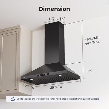 Wall Mount 36 Inch Range Hood 900 CFM, Ductless/Ducted Convertible, 3-speed Gesture Sensing & Touch Control, Black Painted Stainless Steel Vent Kitchen Hood with Permanent Baffle Filters