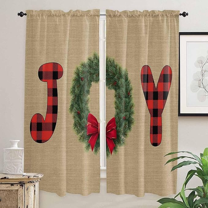 Red Green Christmas Window Curtains 72 Inch Long 2 Panel Set, Rod Pocket Long Curtains & Drapes, Xmas Botanical Winter Farmhouse Light Filtering Window Treatment for Bedroom Living Room 52"W x 72"L