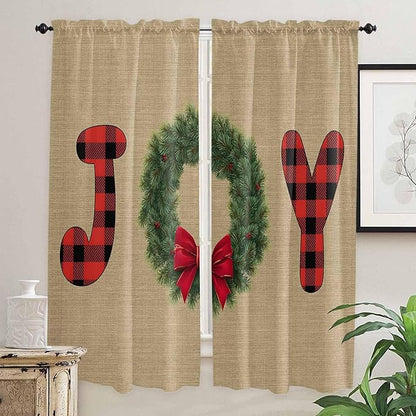 Red Green Christmas Window Curtains 72 Inch Long 2 Panel Set, Rod Pocket Long Curtains & Drapes, Xmas Botanical Winter Farmhouse Light Filtering Window Treatment for Bedroom Living Room 52"W x 72"L