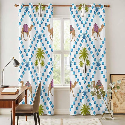 2 Panel Kitchen Cafe Curtains, Camels Palm Trees Sunlight Filtering Nature Air Through, Home Decor Window Covering Tier Curtains for Living Room 80W x 84L inch Tropical Desert Animal Plants Polka Dot