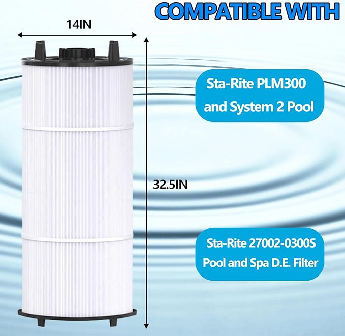 27002-0300S Pool Filter Cartridge Compatible with Sta-Rite System 2 Modular Media PLM300 Pool and Spa Cartridge Filter. Filters up to 300 Square feet. Equipped with air Release Assembly.