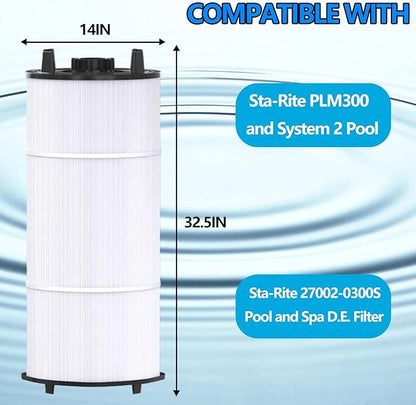 27002-0300S Pool Filter Cartridge Compatible with Sta-Rite System 2 Modular Media PLM300 Pool and Spa Cartridge Filter. Filters up to 300 Square feet. Equipped with air Release Assembly.