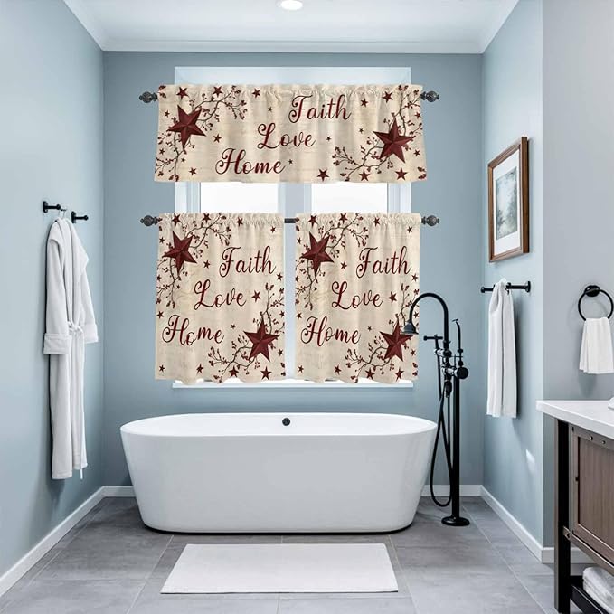 Kitchen Curtains Tiers and Valance Set of 3, Vintage Country Light Filtering Window Curtain Set, Vintage Rustic Texas Stars Plants Branch Rod Pocket Curtain Drapes for Living Room, 36 Inches Tiers