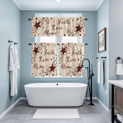 Kitchen Curtains Tiers and Valance Set of 3, Vintage Country Light Filtering Window Curtain Set, Vintage Rustic Texas Stars Plants Branch Rod Pocket Curtain Drapes for Living Room, 36 Inches Tiers