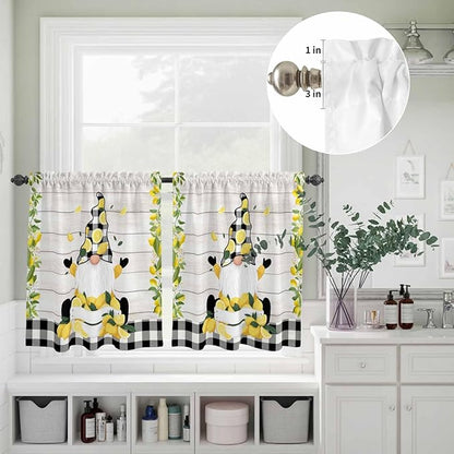Lemon Gnomes Kitchen Curtains Set 3 Piece for Windows, Rod Pocket Valance and Tier Set 24 Inch Length, Summer Botanical Fruit Wooden Grain Plaid Light Filtering Cafe Curtains for Living Room Bathroom