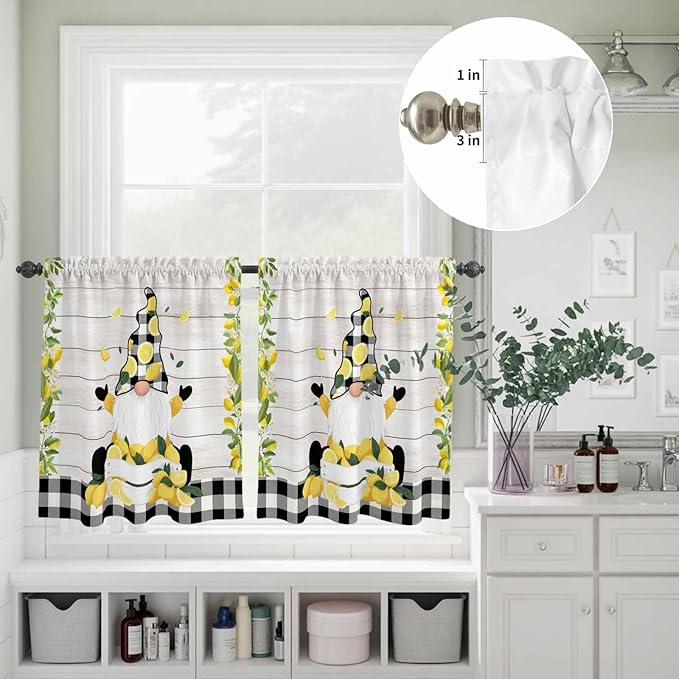 Lemon Gnomes Kitchen Curtains Set 3 Piece for Windows, Rod Pocket Valance and Tier Set 36 Inch Length, Summer Botanical Fruit Wooden Grain Plaid Light Filtering Cafe Curtains for Living Room Bathroom
