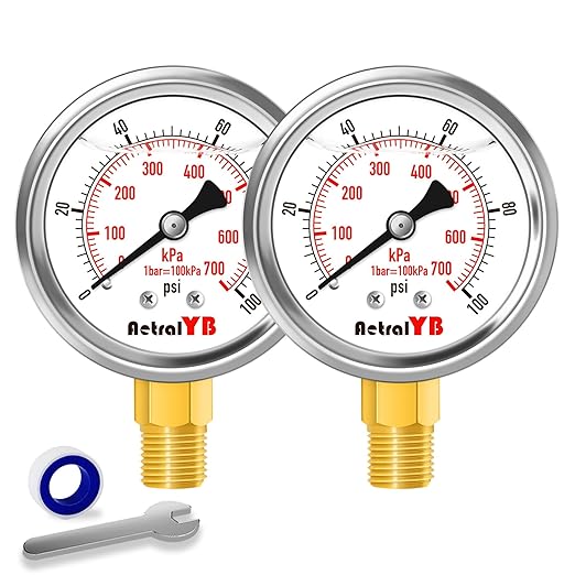 Glycerin-Filled Pressure Gauge,Brass Internal 2-Inch Gauge, Stainless Steel, 1/4" NPT Lower Mount (0-100Psi 2 Pack)