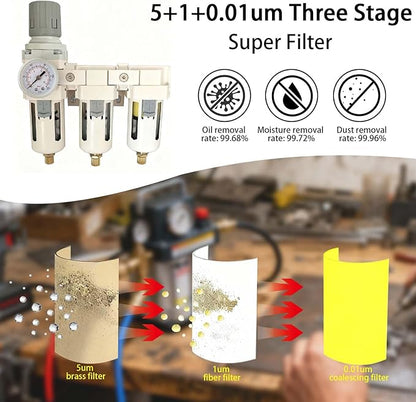 YSIL 3/8''NPT 3 Stage Filter and Regulator with Pressure Gauge Air Drying System with 5 and 0.5 and 0.01 Micron Brass Filter Pressure Regulator Combo Piggyback(Semi-Auto Drain）