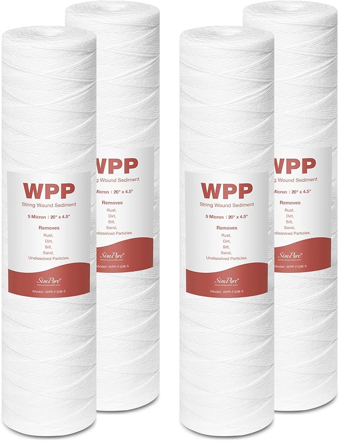 20 x 4.5 Inch 5 Micron String Wound Sediment Water Filter Cartridge, SimPure Whole House Sediment Well Water Filter Replacement, Fits DB20P DB20P-3 (4 Pack)