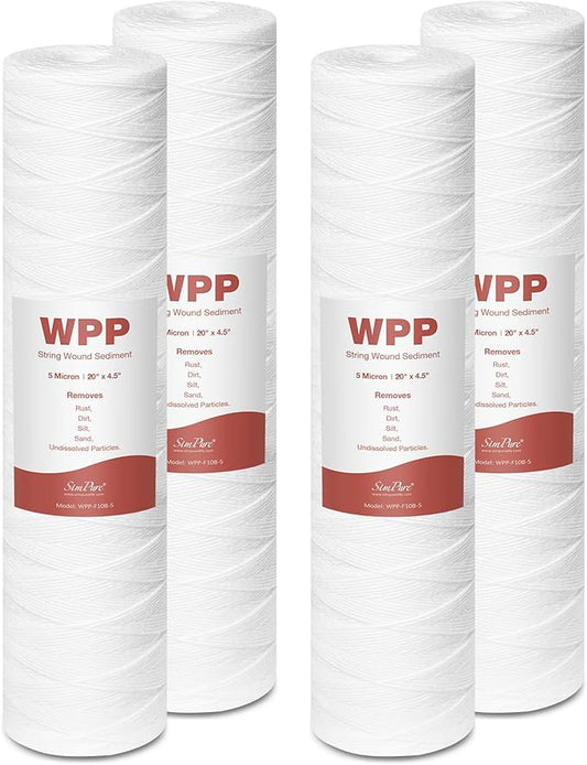 20 x 4.5 Inch 5 Micron String Wound Sediment Water Filter Cartridge, SimPure Whole House Sediment Well Water Filter Replacement, Fits DB20P DB20P-3 (4 Pack)