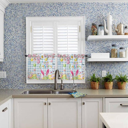 Happy Easter Half Window Curtain 36 Inches Long, Spring Watercolor Bunny Eggs Flower Blue Plaid Window Treatment Curtain Drapes, Small Tier Curtains for Bathroom Over Sink, 27.5"x36", 2 Panels