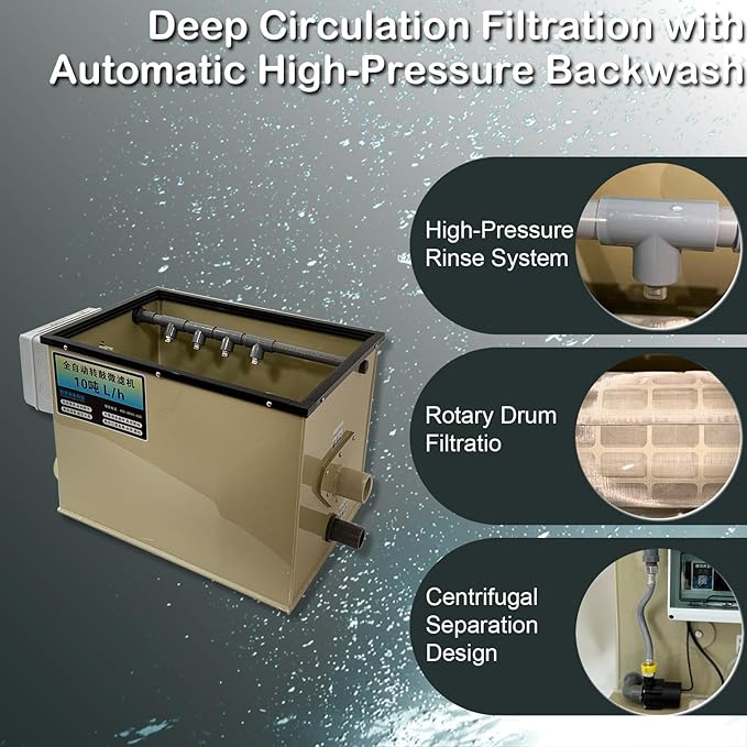 Koi Pond Rotary Drum Filter 3000GPH 220V, Fully Automatic Self-Cleaning Filter, High-Efficiency RDF for Koi Pond,Fish Pond,Aquarium,Fish Farm,Seedling Cultivation Base,Aquaculture,Hydroponics