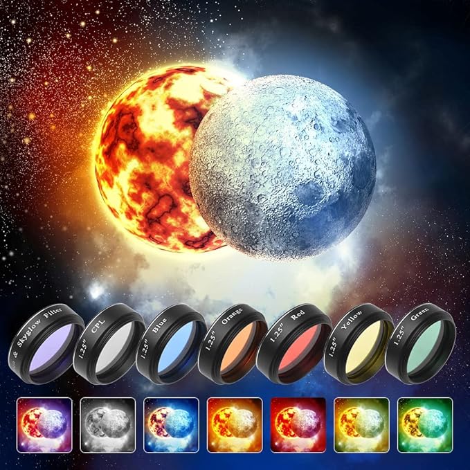 Andoer Telescopic Eyepiece Filter Kit, 1.25 Inch Telescopic Moon Filter Sky Light Filter CPL Filter, 5 Colour Filter Set (Red, Orange, Yellow, Green, Blue) for Moon Watching