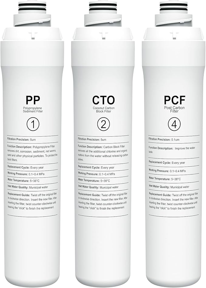 1 Year Replacement Filter Set Compatible with Bluevua RO100ROPOT RO100ROPOT-UV RO System (1 PP, 1 CTO, 1 PCF)