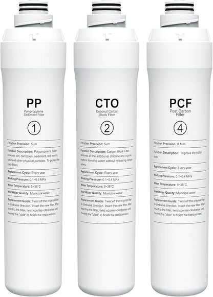 1 Year Replacement Filter Set Compatible with Bluevua RO100ROPOT RO100ROPOT-UV RO System (1 PP, 1 CTO, 1 PCF)