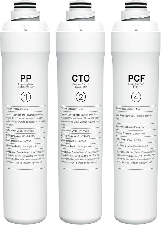 1 Year Replacement Filter Set Compatible with Bluevua RO100ROPOT RO100ROPOT-UV RO System (1 PP, 1 CTO, 1 PCF)