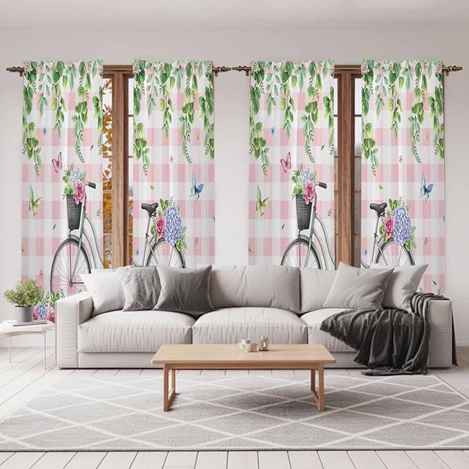 Spring Kitchen Curtains, Bicycles Leaves Butterfly Flowers Pink Buffalo Plaid Light Filtering Window Curtain Panels, 2Pcs Rod Pocket Window Treatments Set for Living Room Bathroom Bedroom 52x72 Inches