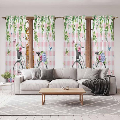 Spring Kitchen Curtains, Bicycles Leaves Butterfly Flowers Pink Buffalo Plaid Light Filtering Window Curtain Panels, 2Pcs Rod Pocket Window Treatments Set for Living Room Bathroom Bedroom 52x72 Inches