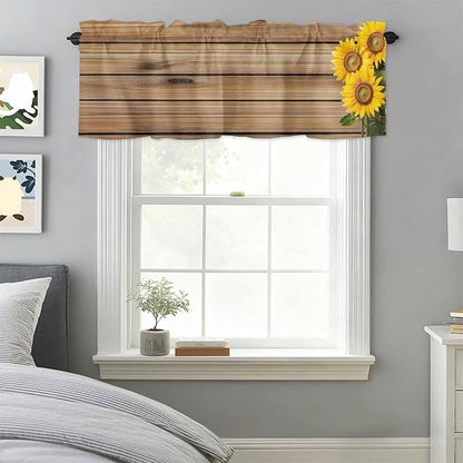 Kitchen Valances for Window, Farm Sunflower on Vintage Wood Grain Light Filtering Rod Pocket Valance Curtain, Spring Country Plant Short Curtains Window Topper for Bedroom Living Room 54x18in
