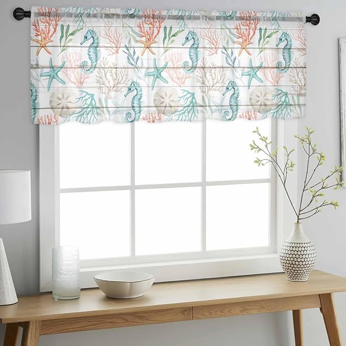 Teal Seahorse Starfish Sheer Valance Curtains, Summer Beach Coral Shell Board Light Filtering Kitchen Valances Rod Pocket Voile Curtain Window Treatment for Bedroom/Living Room/Basement 42Wx12L