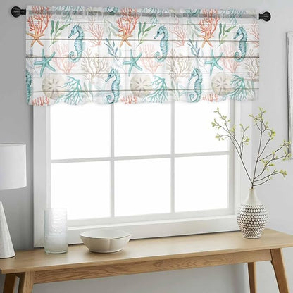 Teal Seahorse Starfish Sheer Valance Curtains, Summer Beach Coral Shell Board Light Filtering Kitchen Valances Rod Pocket Voile Curtain Window Treatment for Bedroom/Living Room/Basement 42Wx12L