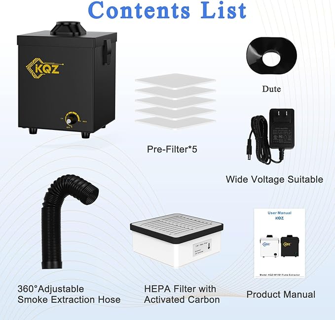 KQZ-B1 Solder Fume Extractor, 168m³/h Strong Suction Smoke Extractor, 5*Thick Pre-Filter+H13 HEPA Soldering Fume Extractor, 99.99% Purification Smoke Absorber for Welding Soldering 3D Printing Black