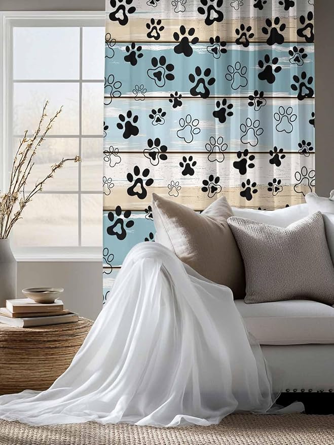 Sheer Curtains 63 Inch Length, Blue Beige Paw Print Semi Sheer Curtains Light Filtering Window Treatment, Vintage Farmhouse Country Wood Grain Privacy Voile Drapes for Living Room Bedroom 52x63 Inch