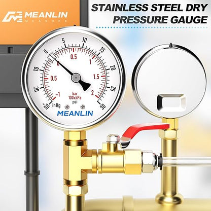 MEANLIN MEASURE -30inHG~30Psi Vacuum Gauge Stainless Steel 1/4" NPT 2" FACE DIAL Waterproof for Air Compressor HVAC Negative Pressure Hand Pump Pool Lower Mount, with 1/2" NPT and 3/8" NPT Hex Bushing