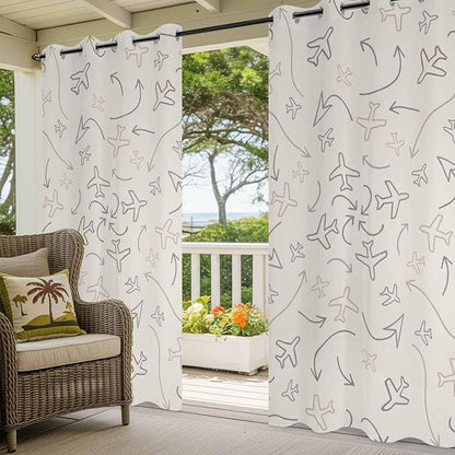 Abstract Airline Route Waterproof Outdoor Curtains for Patio, Windproof Weatherproof Curtains with Weighted Hem, Vintage Aircraft Arrows Light Filtering Privacy Drapes for Porch 54"x 95"