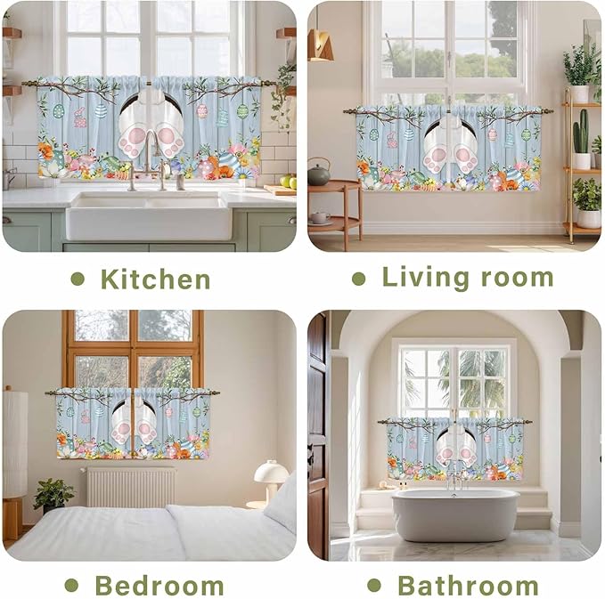 Easter Kitchen Tier Curtains 24 Inch Long 2 Panel Set,Rod Pocket Cafe Small Window Curtains Over Sink,Spring Watercolor Bunny Eggs Flower Wood Grain Blue Light Filtering Short Drapes 27.5"W x 24"L
