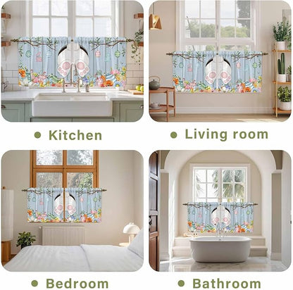 Easter Kitchen Tier Curtains 24 Inch Long 2 Panel Set,Rod Pocket Cafe Small Window Curtains Over Sink,Spring Watercolor Bunny Eggs Flower Wood Grain Blue Light Filtering Short Drapes 27.5"W x 24"L