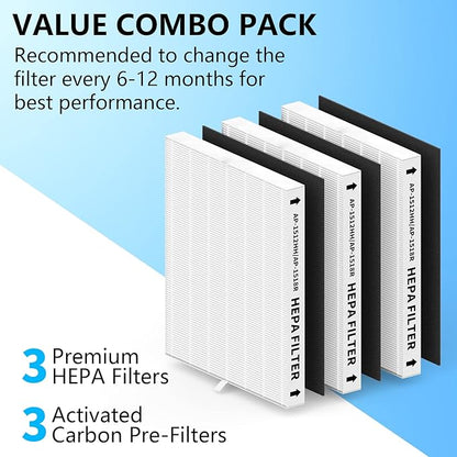 3 Pack AP-1512HH Replacement Filter Set for Coway Airmega AP-1512HH and and Airmega 200M air Purifier, Compared to Part #3304899, 3 True HEPA + 3 Carbon Filters