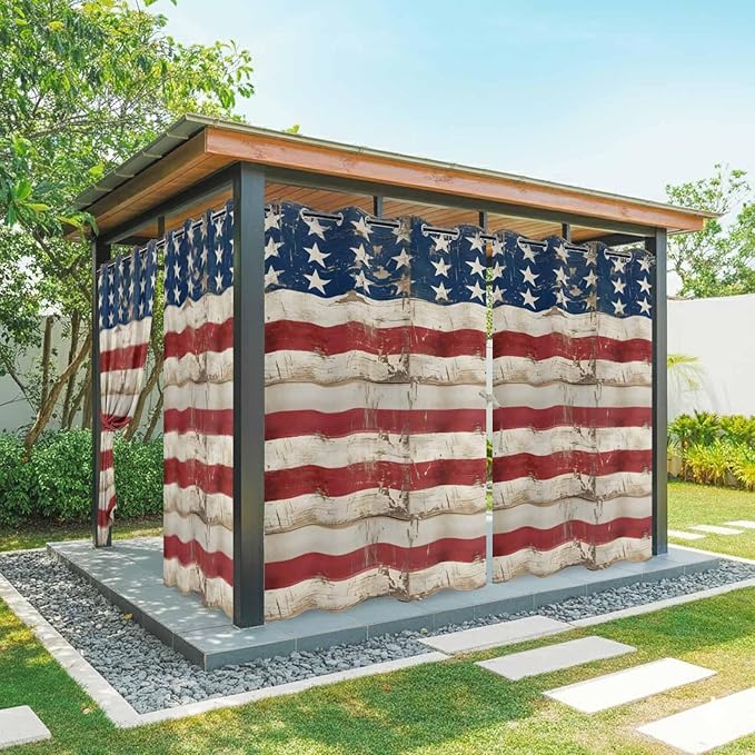 4th of July Outdoor Curtains for Patio USA Flag Independence Day Vintage Waterproof Outside Curtains with Grommet Top Weatherproof Curtain for Cabana Pergola Gazebo, 2 Pack, 54" W x 84" L