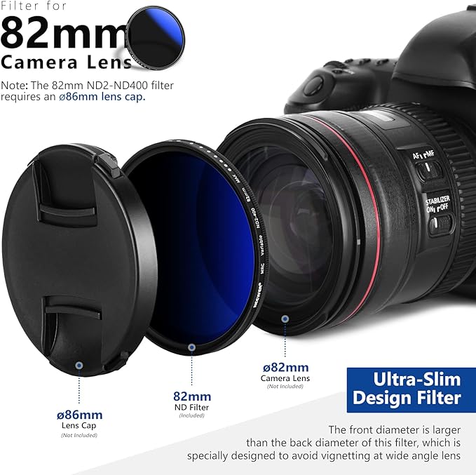 NEEWER 82mm Variable ND Filter ND2-ND400 (1-9 Stops), Neutral Density Filter, Multiple Coatings, Water and Scratch Resistant